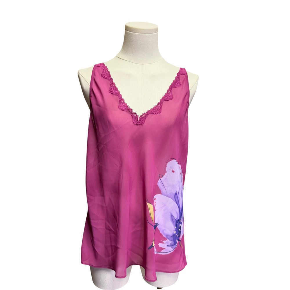 Valerie Stevens Magenta Pink Floral Lace Trim V-Neck Camisole Tank Top Large